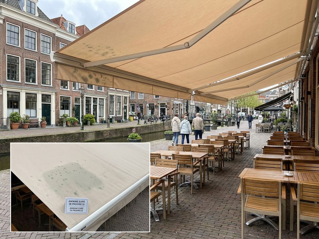 Schoon beige zonnescherm op Nederlands restaurant terras met bakstenen gebouwen, tafels en stoelen, daglicht toont onderhoud