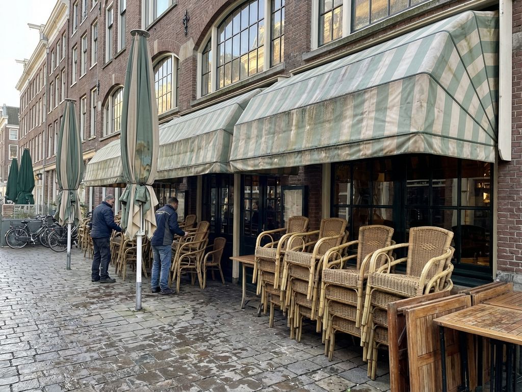 Nederlandse restaurantterras in het voorjaar met schone meubels op stenen tegels en opgevouwen zonwering