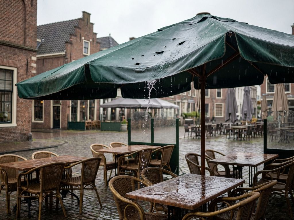 Nederlandse restaurantterras op regenachtige dag met lekkende parasol die water op lege houten tafels laat druppelen