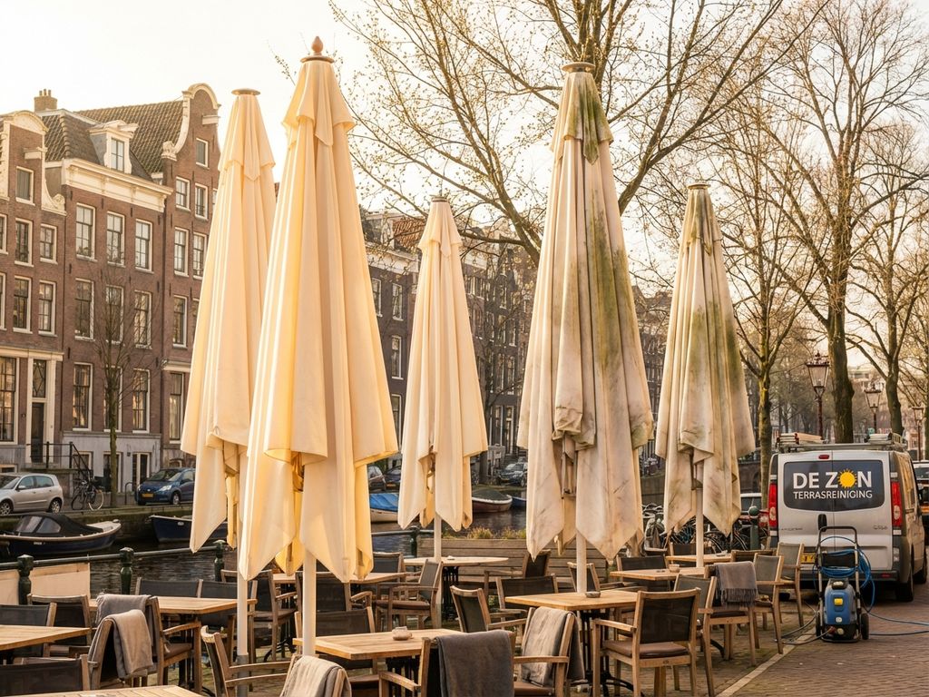 Terrasparasols in verschillende stadia van reiniging op Nederlands restaurantterras met grachtenarchitectuur op achtergrond
