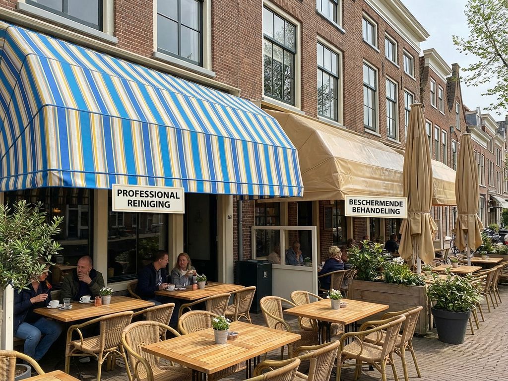 Nederlandse restaurantterras met professioneel gereinigde markiezen en parasols, voor en na impregnering zichtbaar