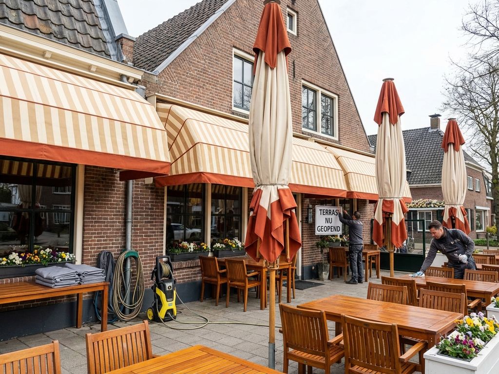 Nederlands restaurantterras met schone luifels en parasols, klaar voor het seizoen met typische Nederlandse architectuur