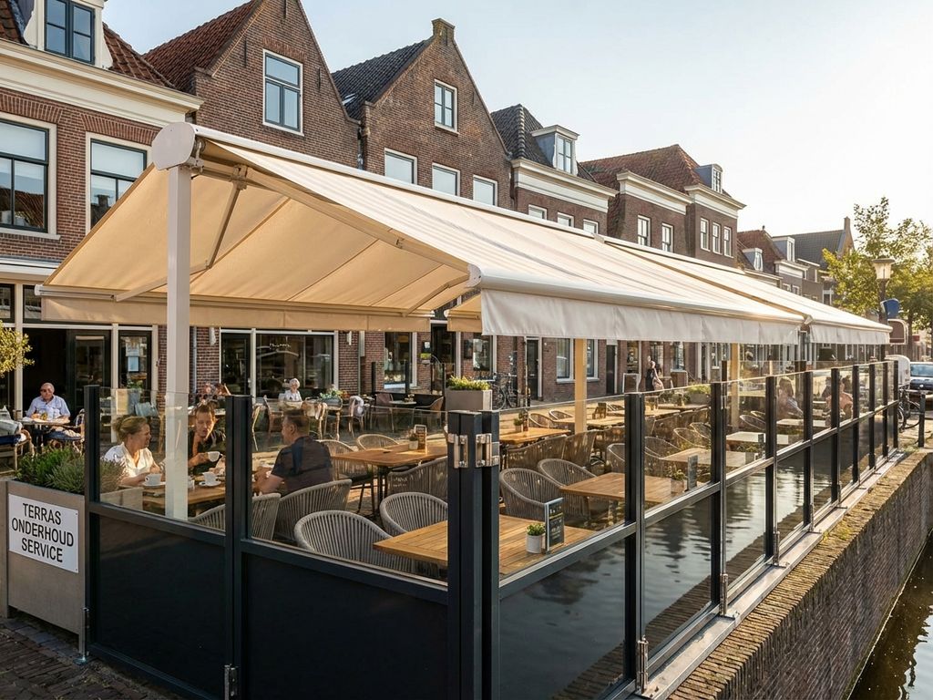 Schoon restaurant terras in Nederland met professioneel onderhouden markiezen en terraschermen in warm middaglicht