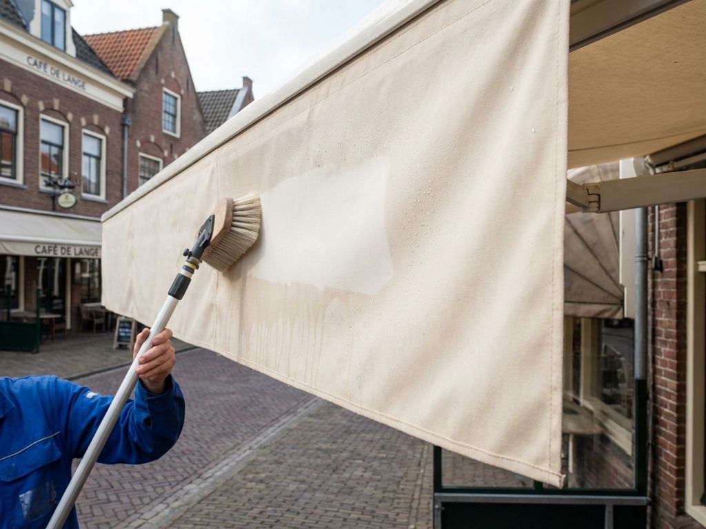 Crèmekleurige uitvalscherm wordt professioneel gereinigd op Nederlands restaurantterras met zichtbaar verschil tussen schone en vuile delen