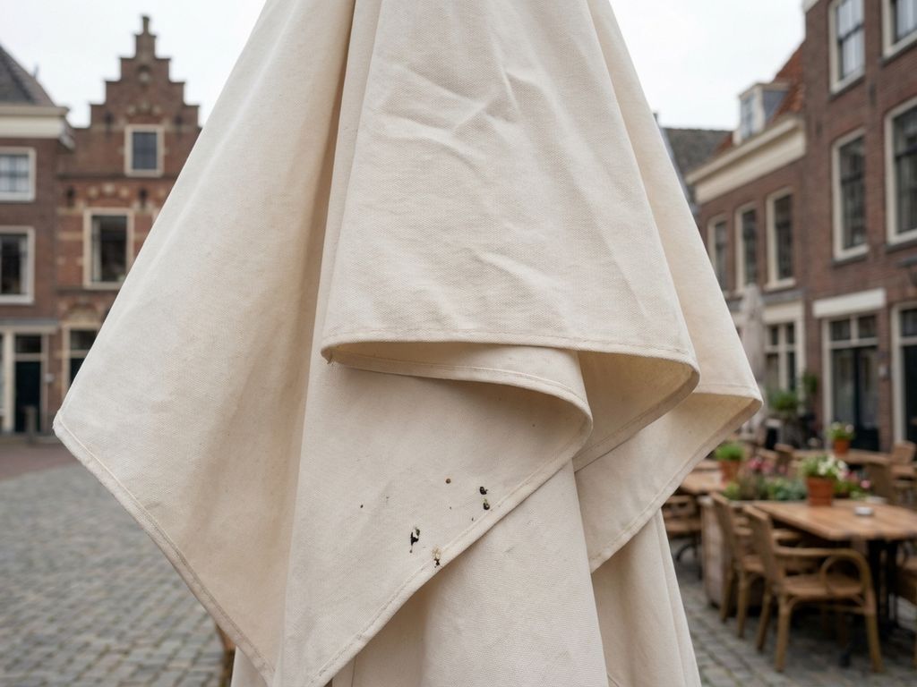 Witte parasol op Nederlands restaurantterras met houten tafels en commerciële gebouwen op achtergrond