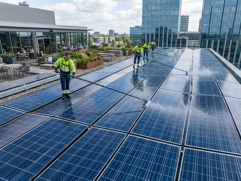 Professionele reiniging van zonnepanelen op commercieel dak in Nederlandse zakenbuurt met gespecialiseerde apparatuur