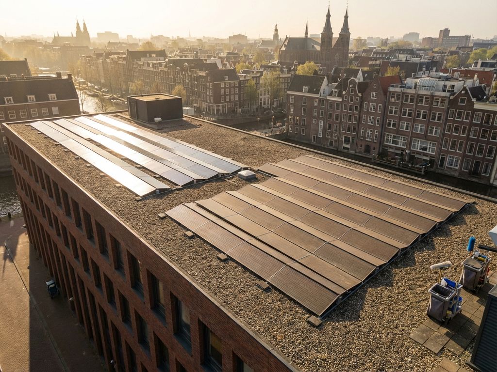 Commercieel dak met schone en stoffige zonnepanelen in Nederlandse bedrijfswijk, reinigingsapparatuur zichtbaar