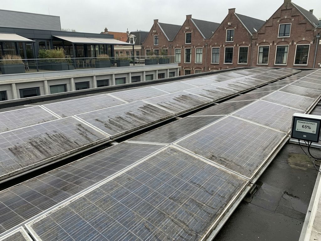 Vervuilde zonnepanelen op Nederlands bedrijfsdak met zichtbare efficiëntieverlies door vuil en stofaanslag