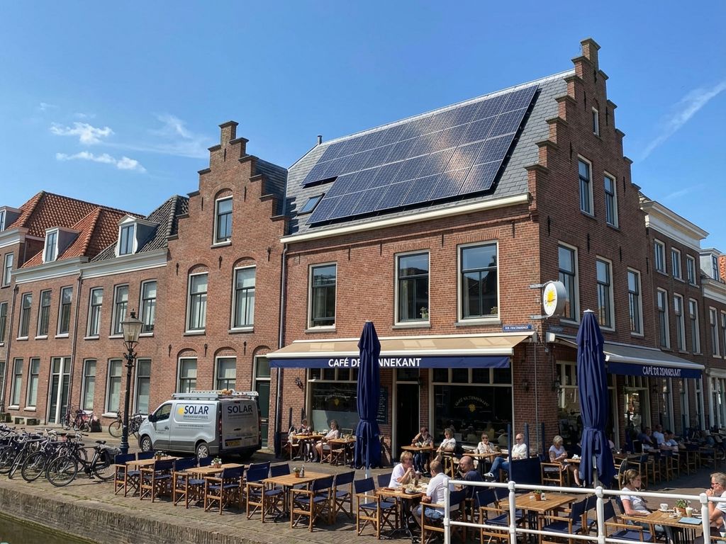 Schone zonnepanelen op dak van Nederlands restaurant terras met buitenzitplaatsen onder blauwe hemel