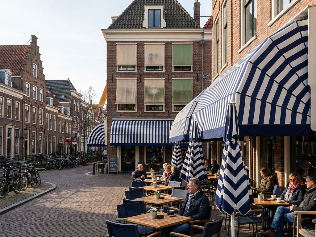 Nederlandse restaurantterras met goed onderhouden parasols op voorgrond en verweerde zonwering op achtergrond bij bakstenen gebouwen