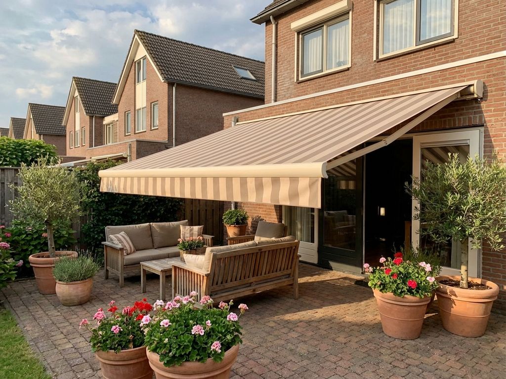 Schone markies boven terras met tuinmeubelen en plantenbakken in Nederlandse achtertuin met klinkers