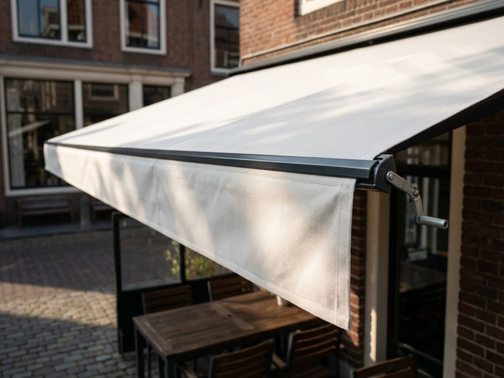 Witte canvas zonwering gedeeltelijk uitgeschoven boven Nederlands restaurant terras met bakstenen gebouwen op achtergrond