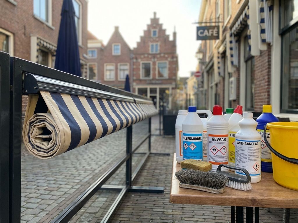 Nederlandse restaurantterras met schone zonwering en schoonmaakmiddelen, toont juiste onderhoudsmethoden