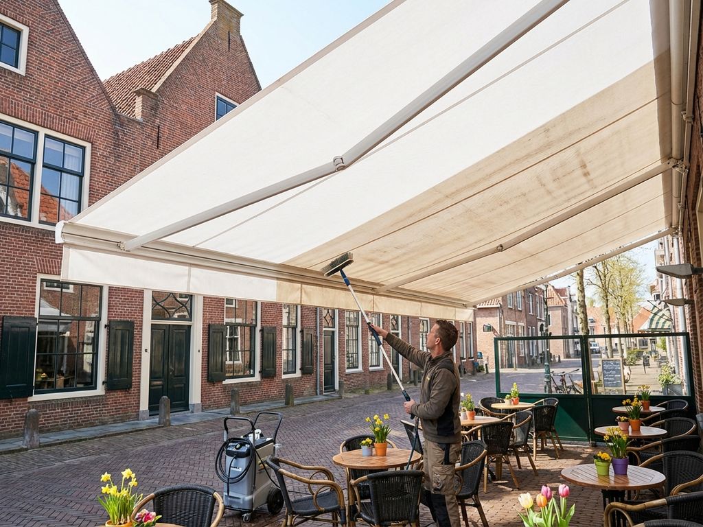 Professionele reiniging van wit zonnescherm op Nederlands café terras, half schoon half vervuild, lente sfeer