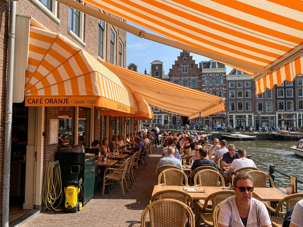 Nederlandse restaurantterras met schone oranje-witte gestreepte zonneschermen en grachtenarchitectuur op achtergrond