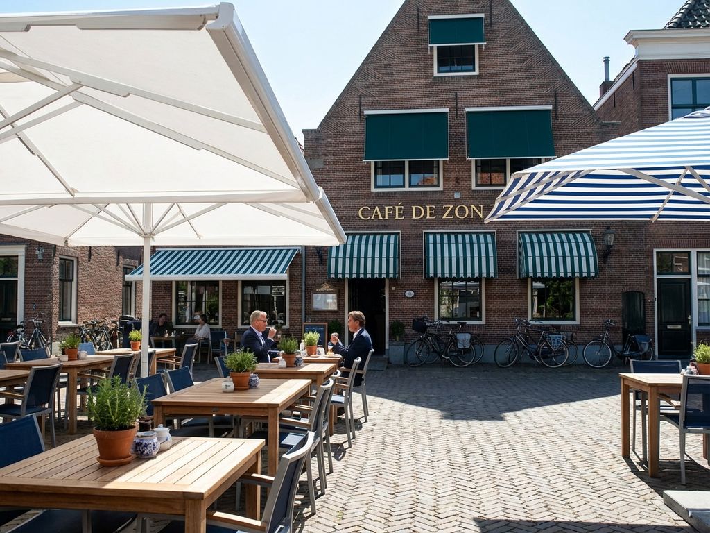 Schoon Nederlands restaurantterras met witte parasols en luifels op zonnige dag, professioneel onderhouden zonwering
