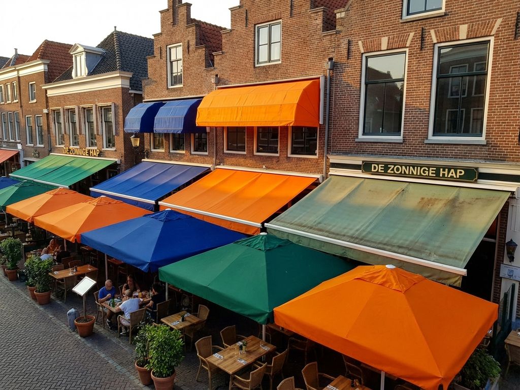 Nederlandse restaurantterras met gekleurde zonwering en parasols, bakstenen gebouwen en buitenterras in warm middaglicht