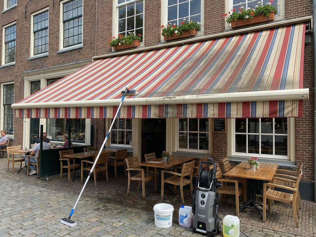 Commerciële luifel wordt professioneel gereinigd op Nederlands restaurantterras met zichtbaar verschil tussen schone en vuile gedeelten