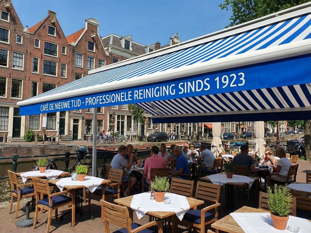 Schone gestreepte luifel met blauwe en witte reclametekst boven terras van Nederlands café met rode bakstenen gebouwen