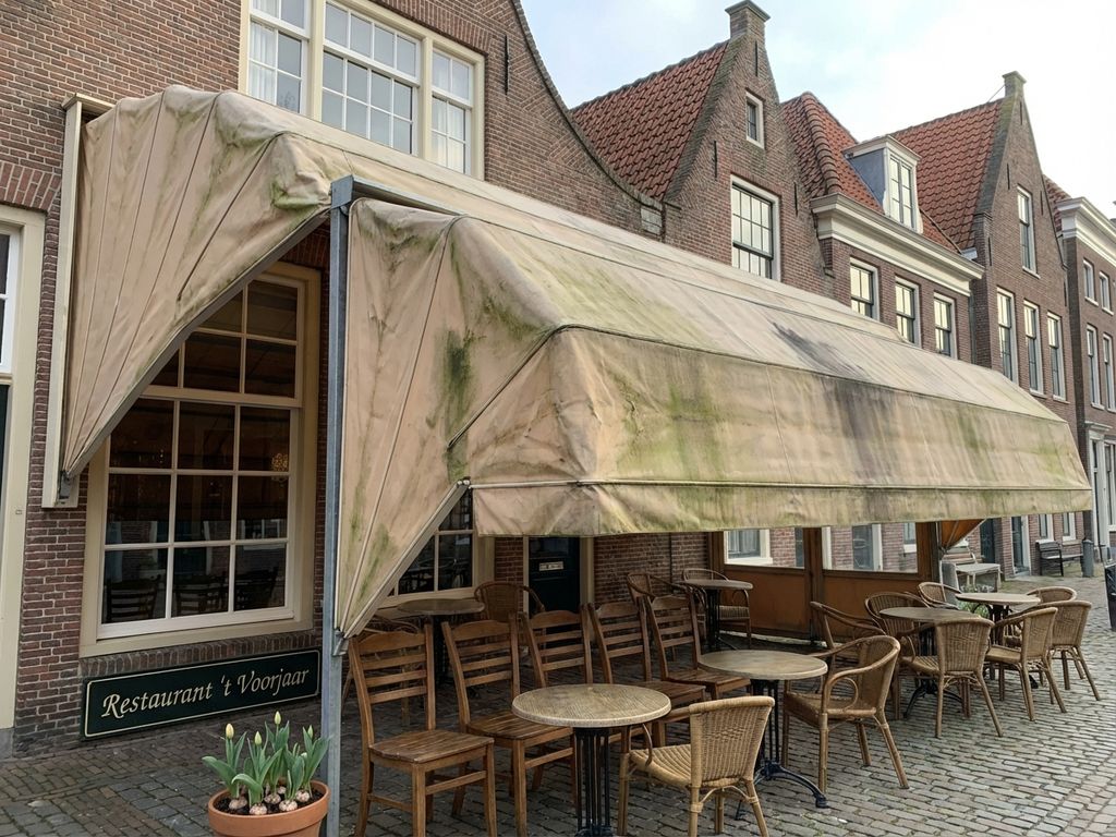 Terras van Nederlands restaurant met uitschuifbare luifel die onderhoud nodig heeft, lege tafels in voorjaarszon