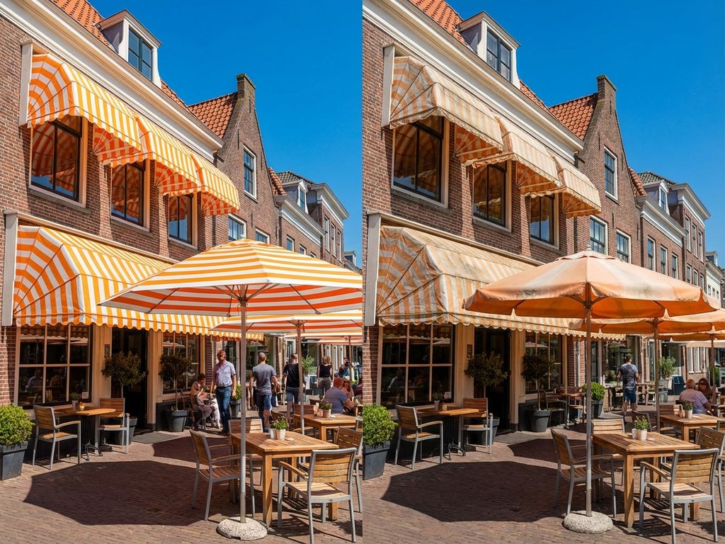 Nederlandse restaurant terras met schone oranje-witte gestreepte zonwering en parasols na professionele reiniging