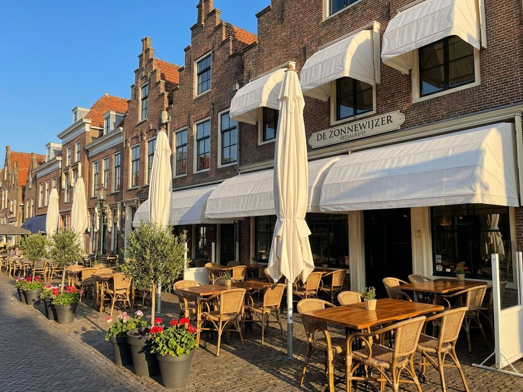 Schoon restaurant terras in Nederland met witte zonwering, houten tafels en stoelen in warme middagzon