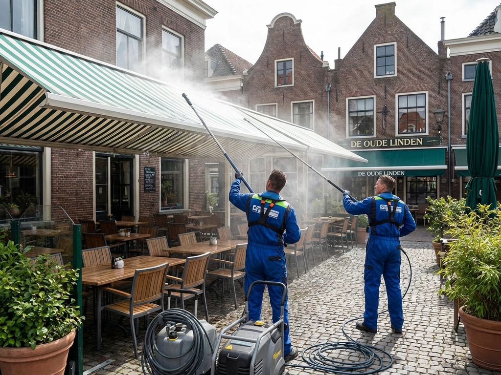 Professionele reiniging van groot terrasluifel bij Nederlands restaurant met schoonmaakapparatuur en waternevel