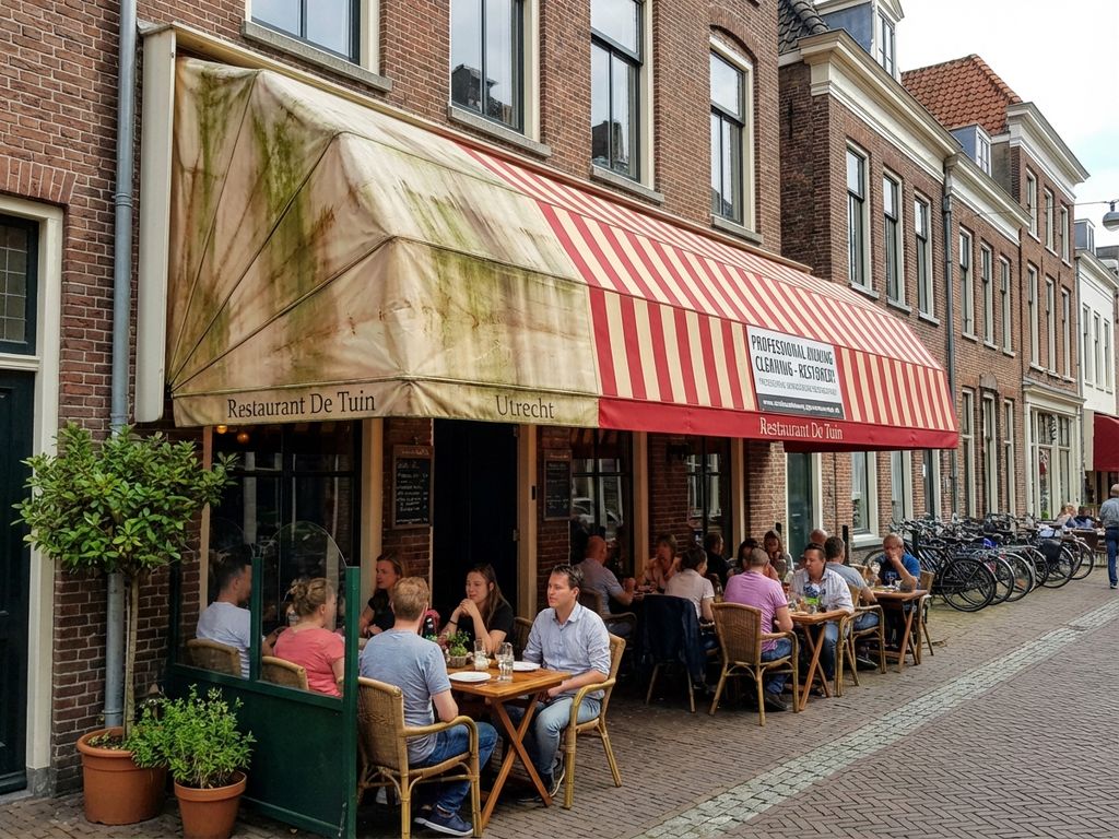 Nederlandse restaurantterras met gedeeltelijk verweerde luifel naast schone sectie, bakstenen gebouwen en fietsenrekken