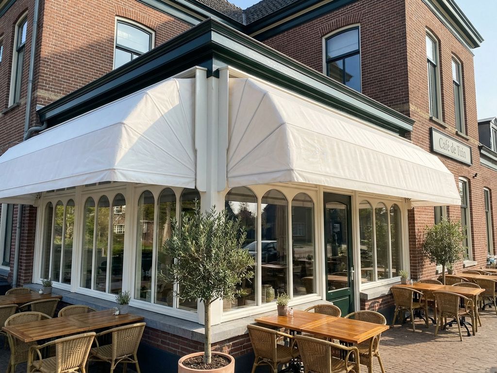 Glazen serre met witte zonwering aan Nederlands restaurant met terras en buitenstoelen in natuurlijk licht