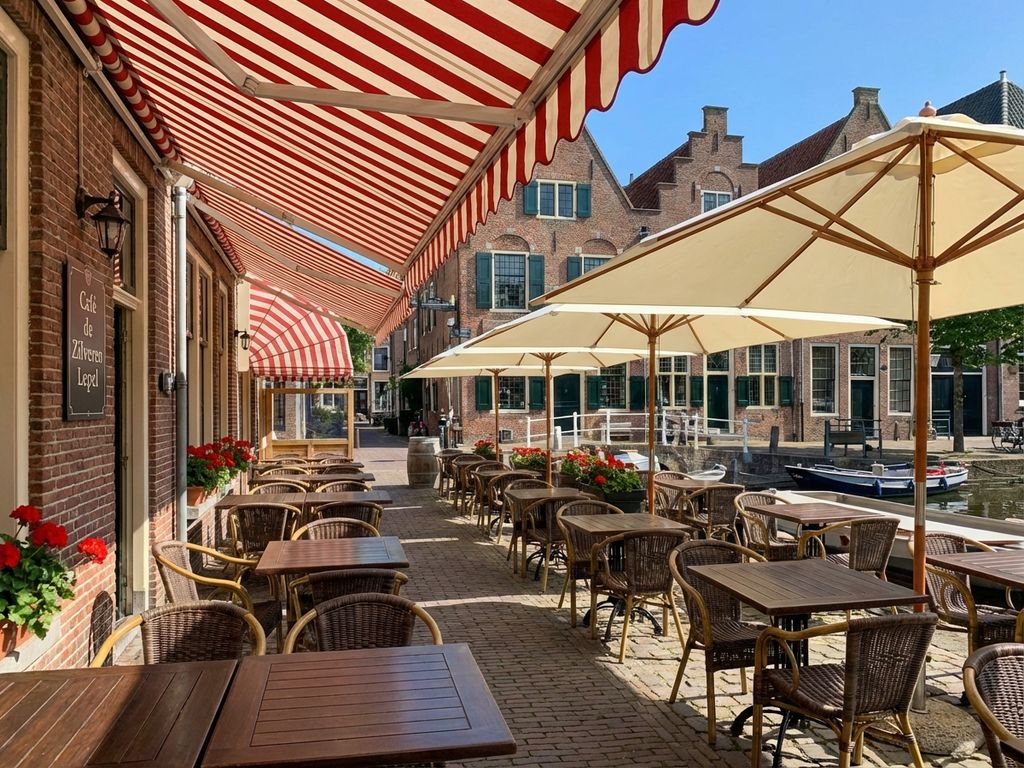 Schoon restaurantterras met kleurrijke zonwering en parasols in Nederlandse setting met lege tafels en stoelen