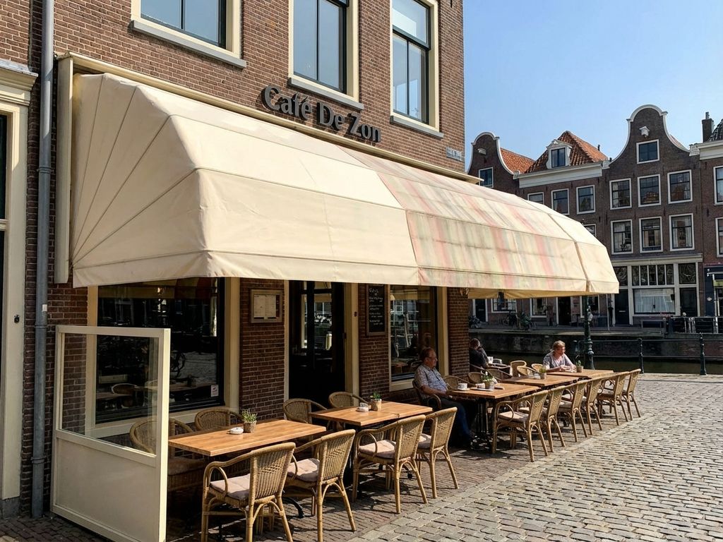 Nederlandse restaurantterras met uitschuifbare zonwering, bakstenen gebouwen en netjes gerangschikte buitenmeubilair