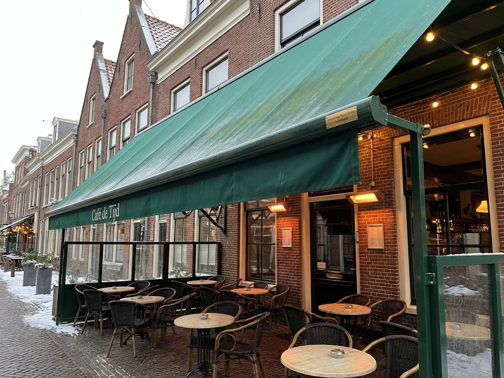 Hollands restaurant terras in winter met uitschuifbare zonwering boven lege café tafels en rode bakstenen gebouwen