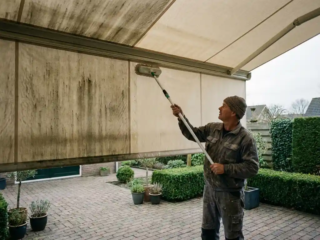 Nederlandse huiseigenaar reinigt beige zonwering met zachte borstel, toont voor-en-na resultaat in nette achtertuin