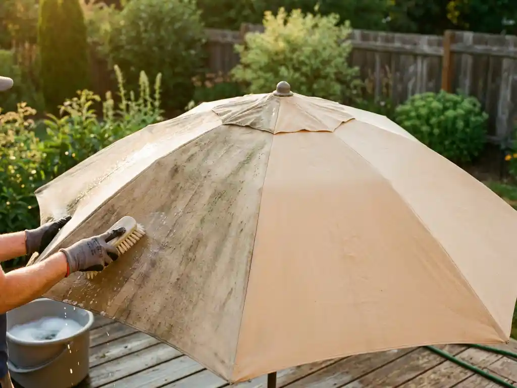 Persoon reinigt verweerde beige parasol met zachte borstel op houten terras, helft schoon en helft met vlekken