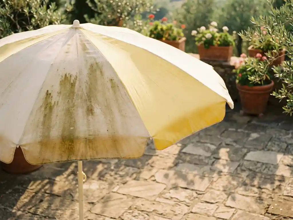 Parasol met groene algenplekken op zonnig terras met natuurstenen vloer en mediterrane tuinachtergrond