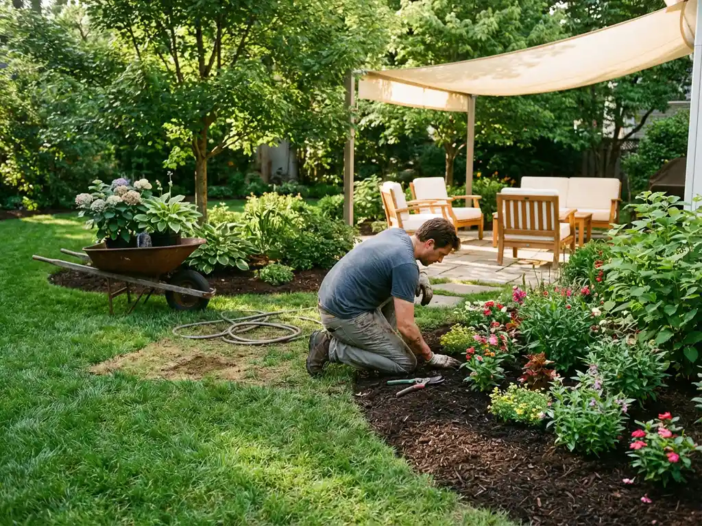 Tuinier knielt bij kleurrijke bloemperken in weelderige zomertuin met groene gazon en tuingereedschap