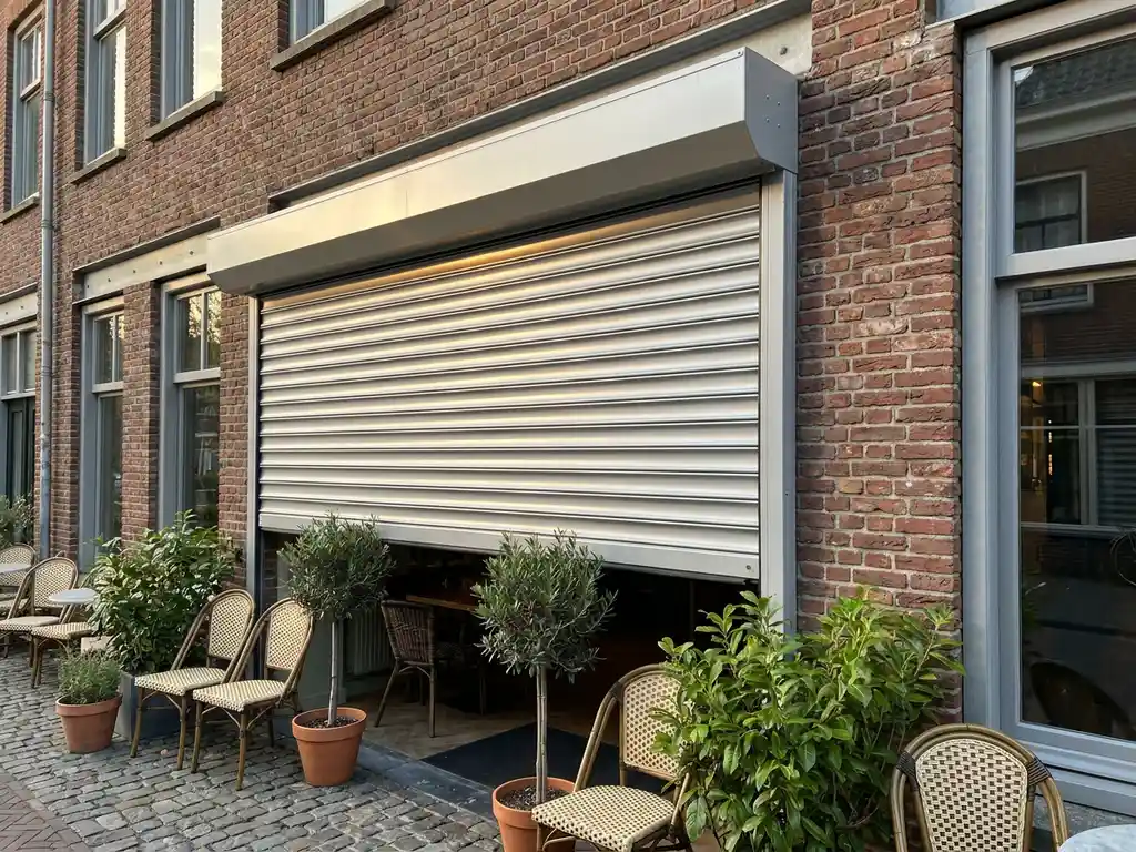 Aluminium rolluik half opgerold boven terrassengang van Nederlands horecapand, met café-stoelen en potplanten in zachte middagzon.