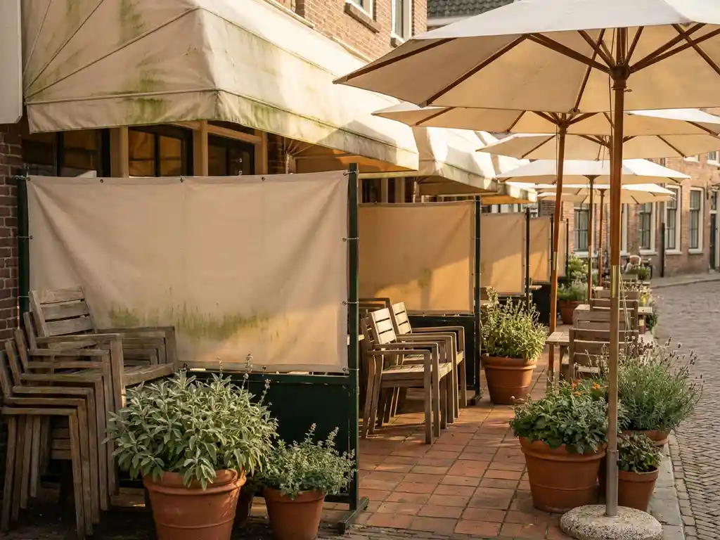 Zonnig restaurantterras met cremekleurige parasols en licht verweerde terrasoverkappingen, houten stoelen en terracotta tegelvloer.