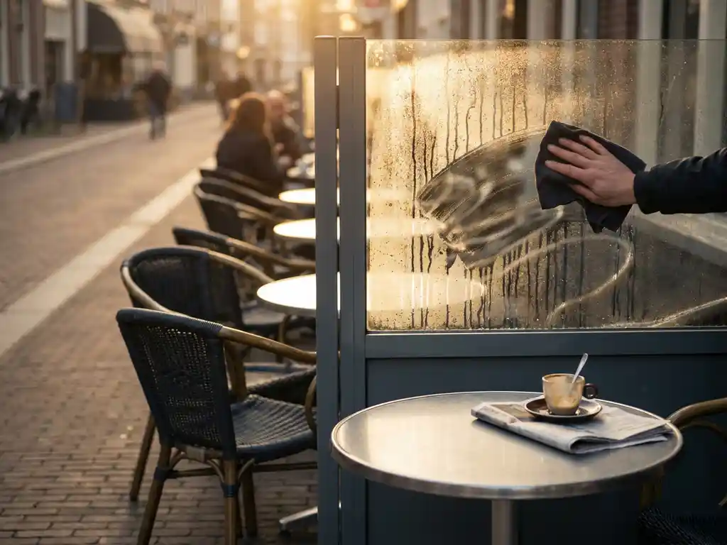 Glazen windscherm op zonnig terras van Nederlands restaurant met stoelen, tafels en espressokopje op de achtergrond.