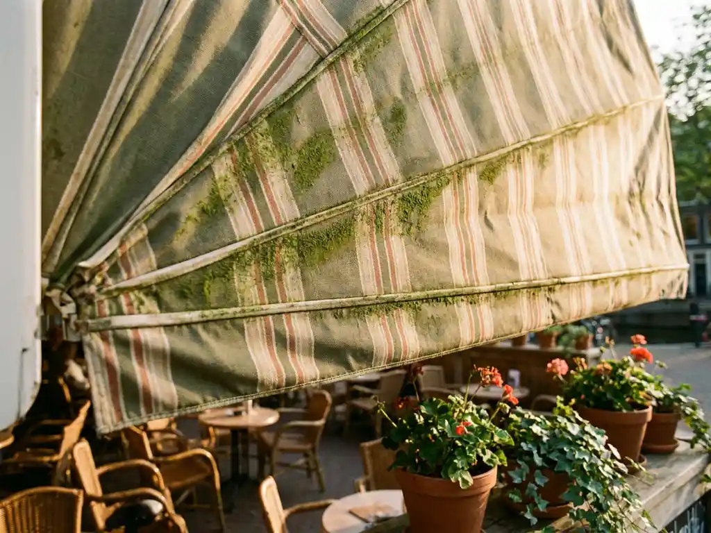 Gestreepte luifel met groene algengroei op een Nederlands café-terras, met stoelen en plantenpotten op de achtergrond in warm middaglicht.