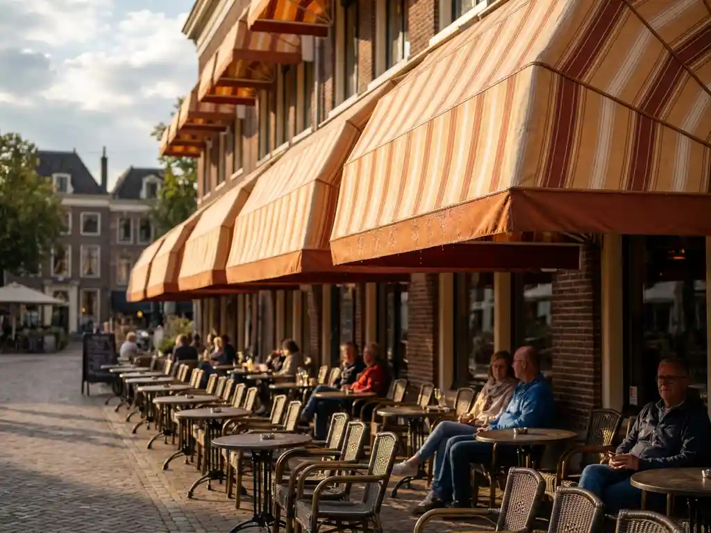 Hollands horecaterras met gestreepte luifels in amber en crèmetinten, bistrotafels in middagzon, vochtige stof na reiniging zichtbaar.