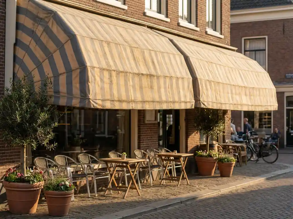 Verweerd zonnescherm boven een Nederlands horecaterras met caféstoelen en potplanten in warm middaglicht.