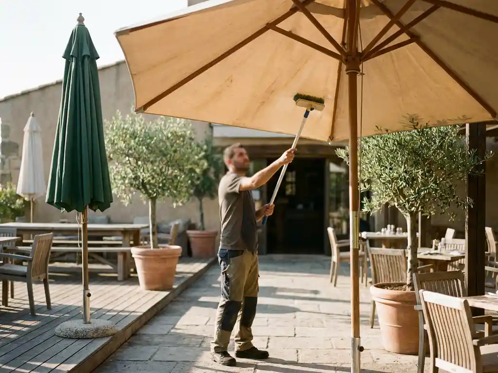 Horecaparasol met dikke paal en versterkt doek naast kleinere tuinparasol op terras, schoonmaker behandelt vervaagd doek in mediterrane zon.