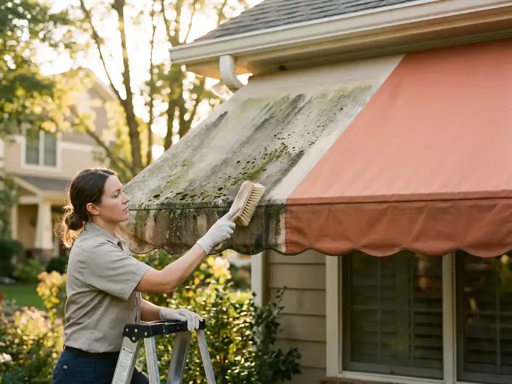 Professionele reiniger schrobt een terracotta luifel, half bedekt met groene algen, half stralend schoon, in zacht middagzonlicht.
