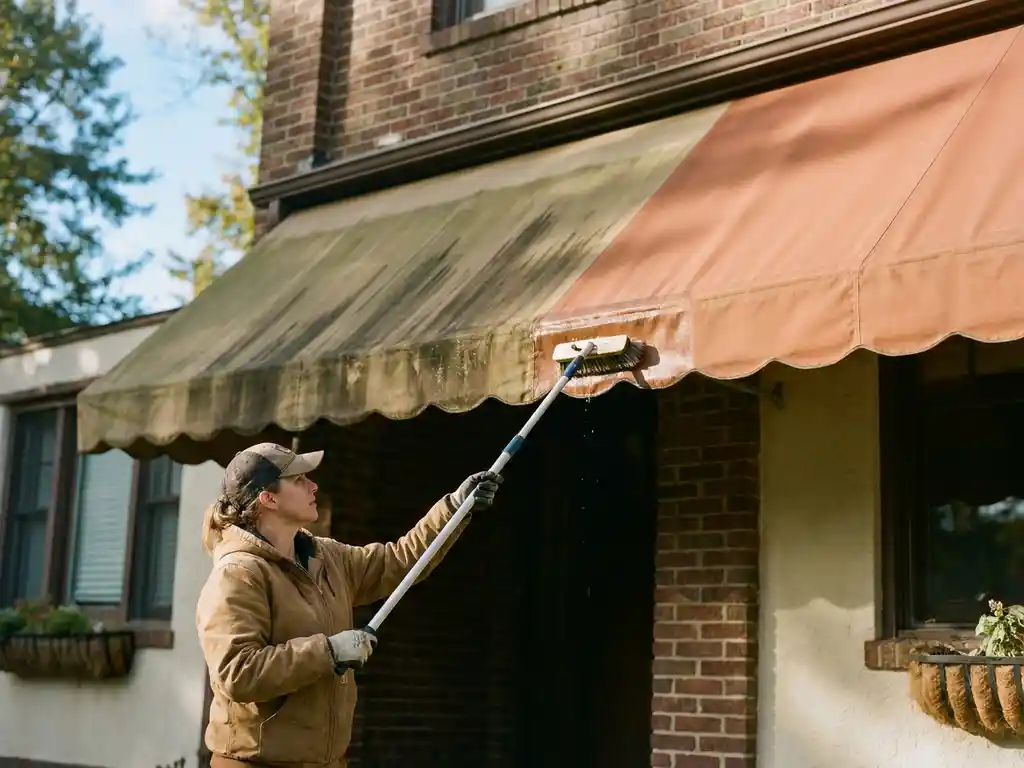 Professionele reiniger scrubt verkleurde terracotta luifel, helft zichtbaar schoon na verwijdering van groene algen en donkere strepen.