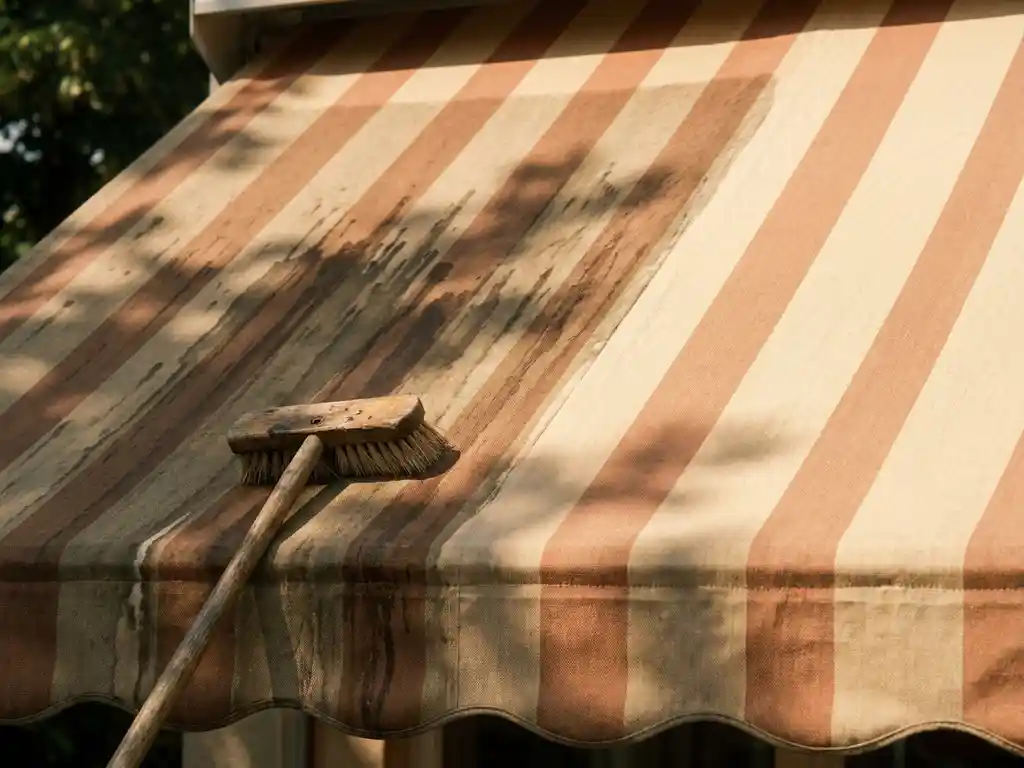 Gestreept canvas luifel met donkere watervlekken aan één kant en schoon terracottakleurig doek aan de andere, met reinigingsborstel.