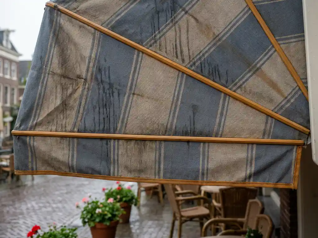 Gestreept stoffen luifel boven een Nederlands restaurantterras met verweringssporen en donkere regenstrepen, caféstoel en planten op achtergrond.