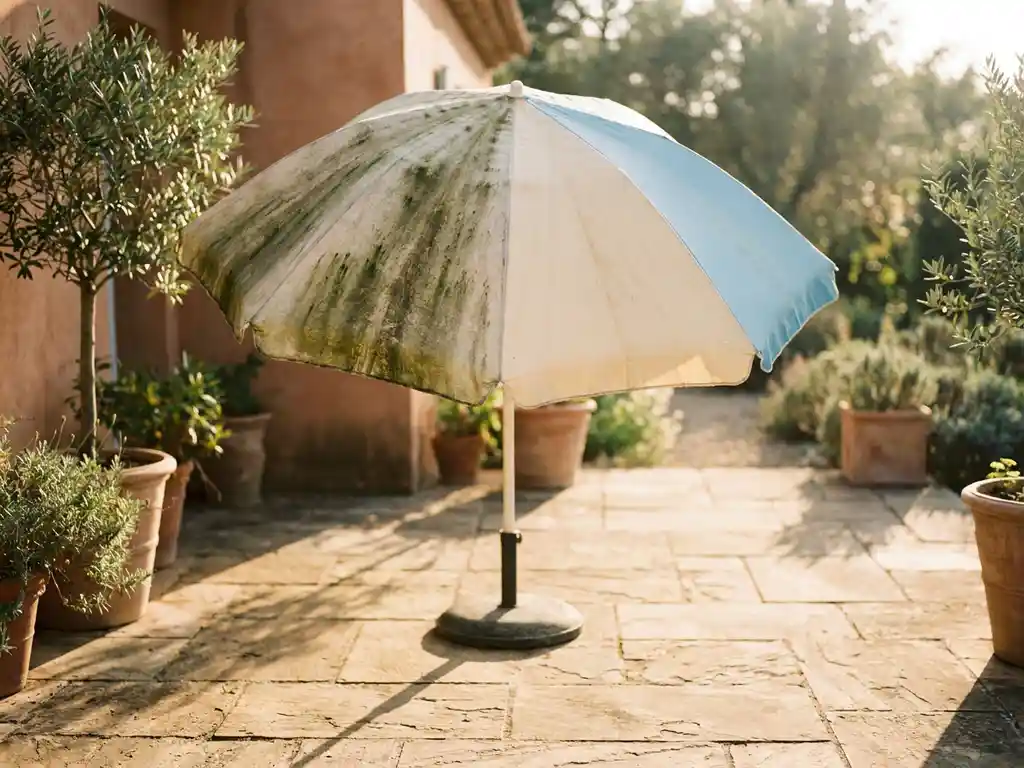 Tuinparasol half bedekt met groene algen en donkere vlekken, de andere helft schoon, op een zonnig terras met warme stenen tegels.