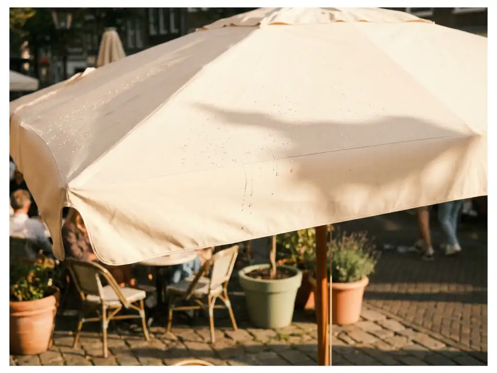 Waterafstotend behandeld crème parasol op zonnig Nederlands terras met bistrostoelen en potplanten in warm middaglicht.