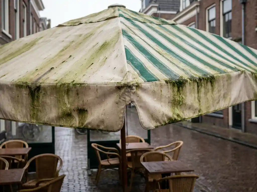 Verweerd canvas parasoldoek met groene alg- en mosgroei op een terras in Nederland, omgeven door stoelen en kasseien.